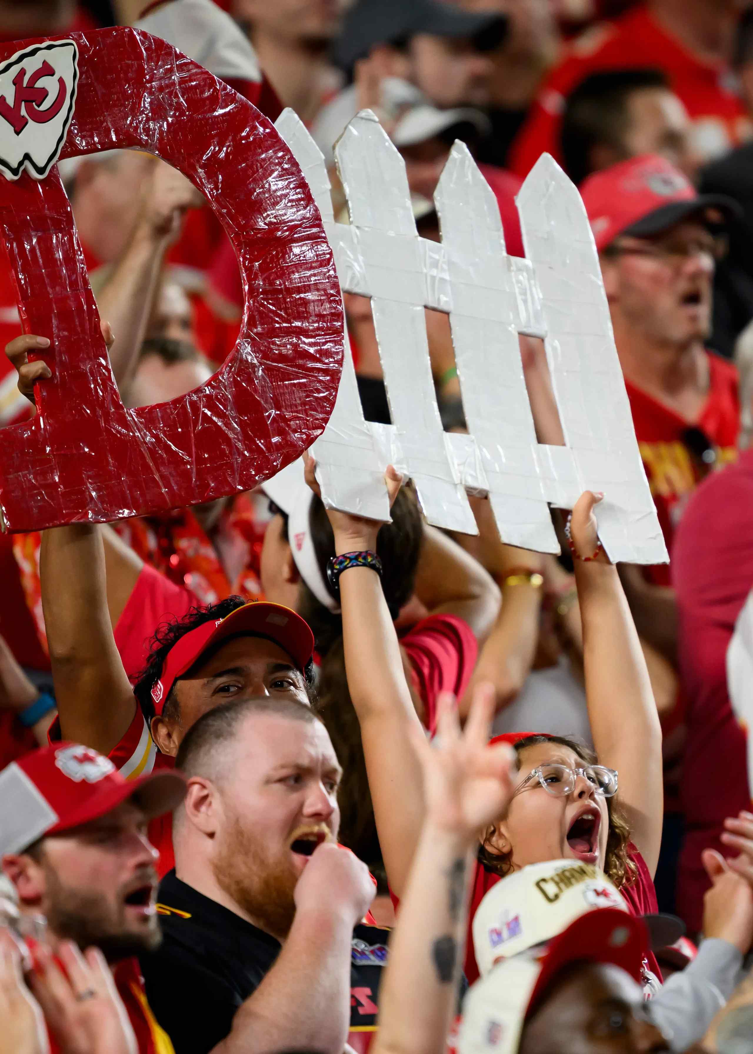 Football fans with a defense sign.